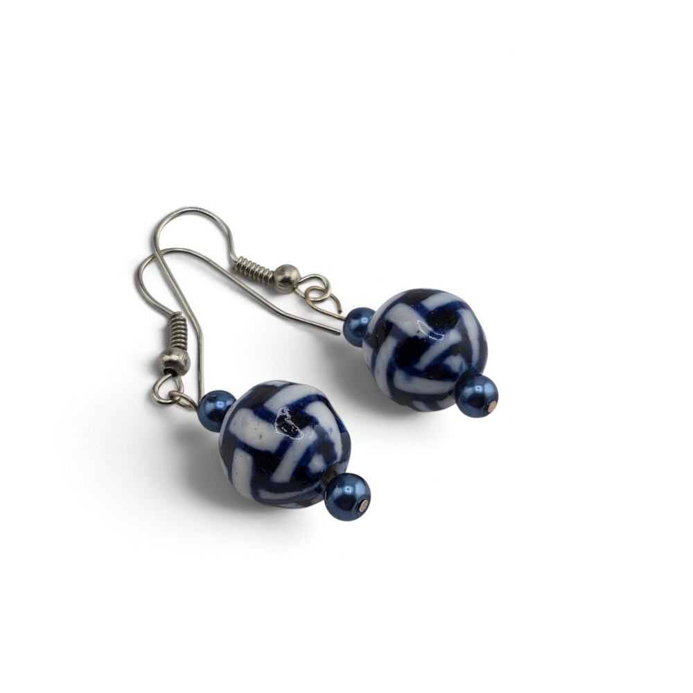 Vintage Blue White Ceramic Style Bead Dangle Earrings Lightweight Pierced